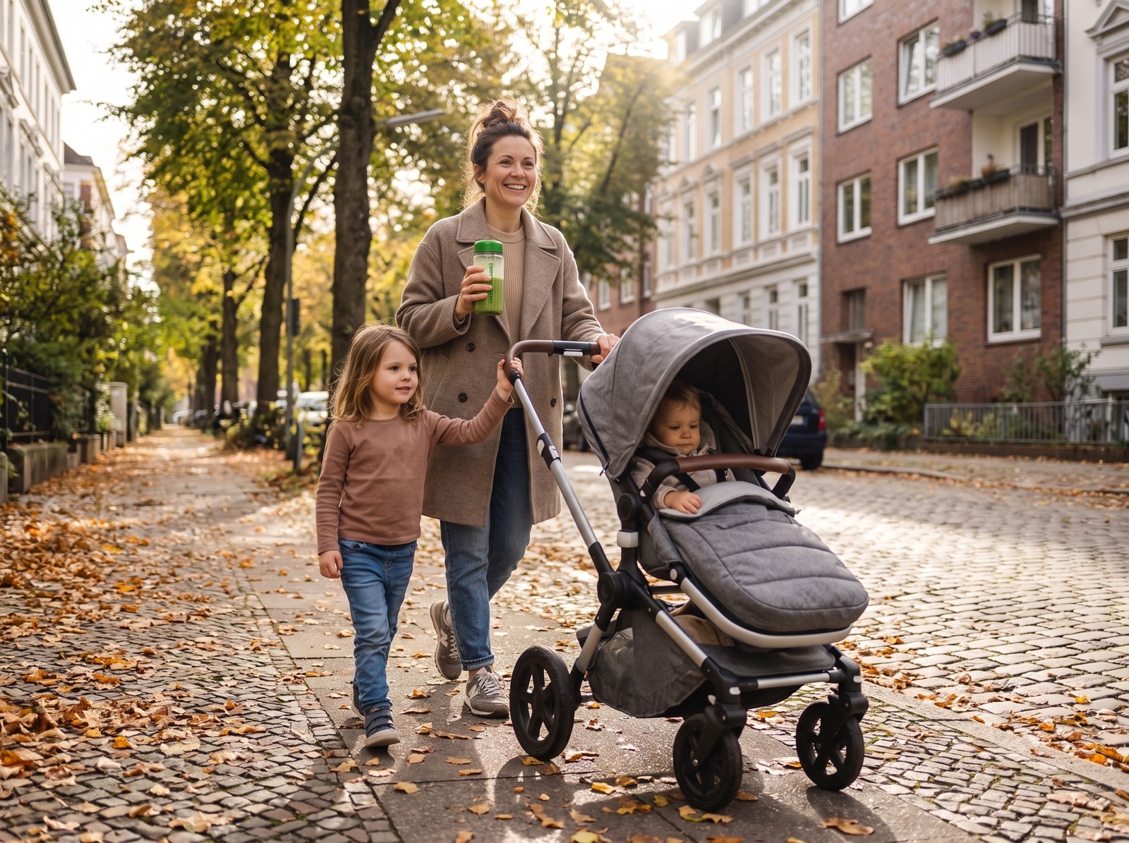 Mutter schiebt einen Kinderwagen durch eine herbstliche Straße und trinkt Matcha aus dem MatchaLand-Shaker.