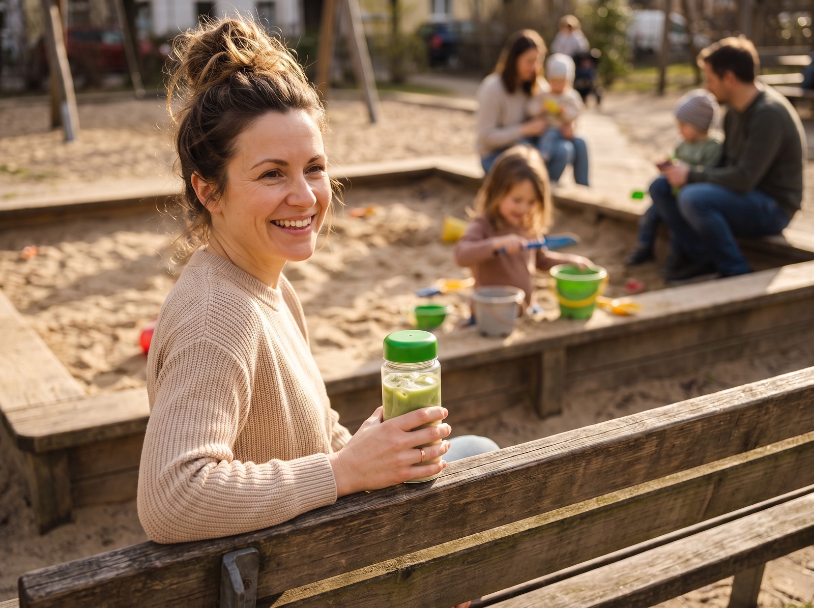 Mutter sitzt am Nachmittag auf dem Spielplatz mit ihrem Matcha im MatchaLand-Shaker.