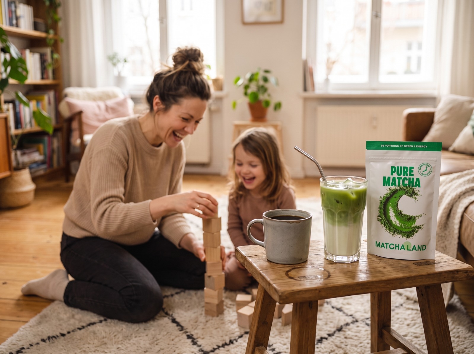 Kalter Kaffee neben einem frischen Iced Matcha Latte und MatchaLand Pure Matcha, Mutter und Tochter bauen einen Turm.