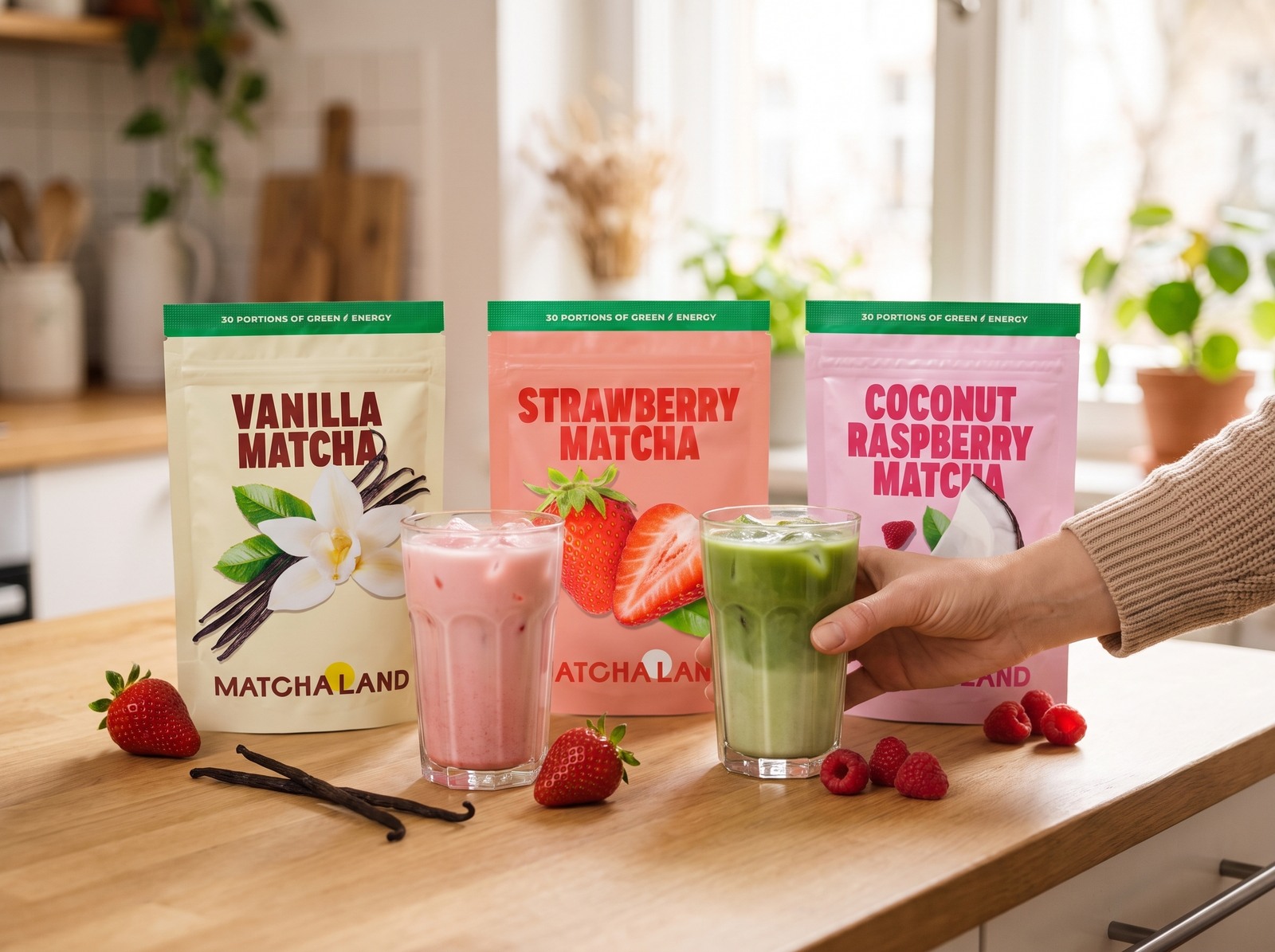 Vanilla, Strawberry und Coconut Raspberry Matcha von MatchaLand mit zwei Matcha Lattes.