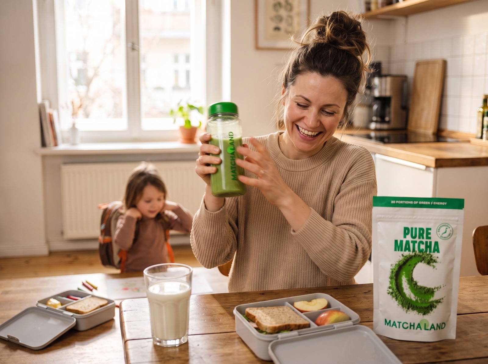 Mutter schüttelt morgens ihren Matcha im MatchaLand-Shaker, daneben gepackte Brotdosen.