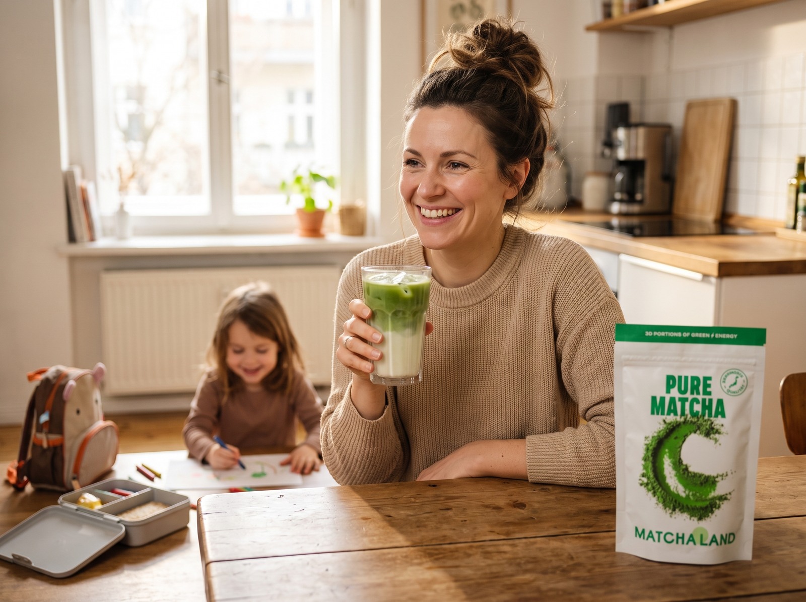 Mutter mit Iced Matcha Latte am Küchentisch, daneben ein Beutel MatchaLand Pure Matcha, im Hintergrund malt ihre Tochter.